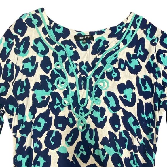 Ellen Tracy Blue Leopard Print Tunic Top Size L – Boho 3/4 Sleeve Blouse - Picture 3 of 7